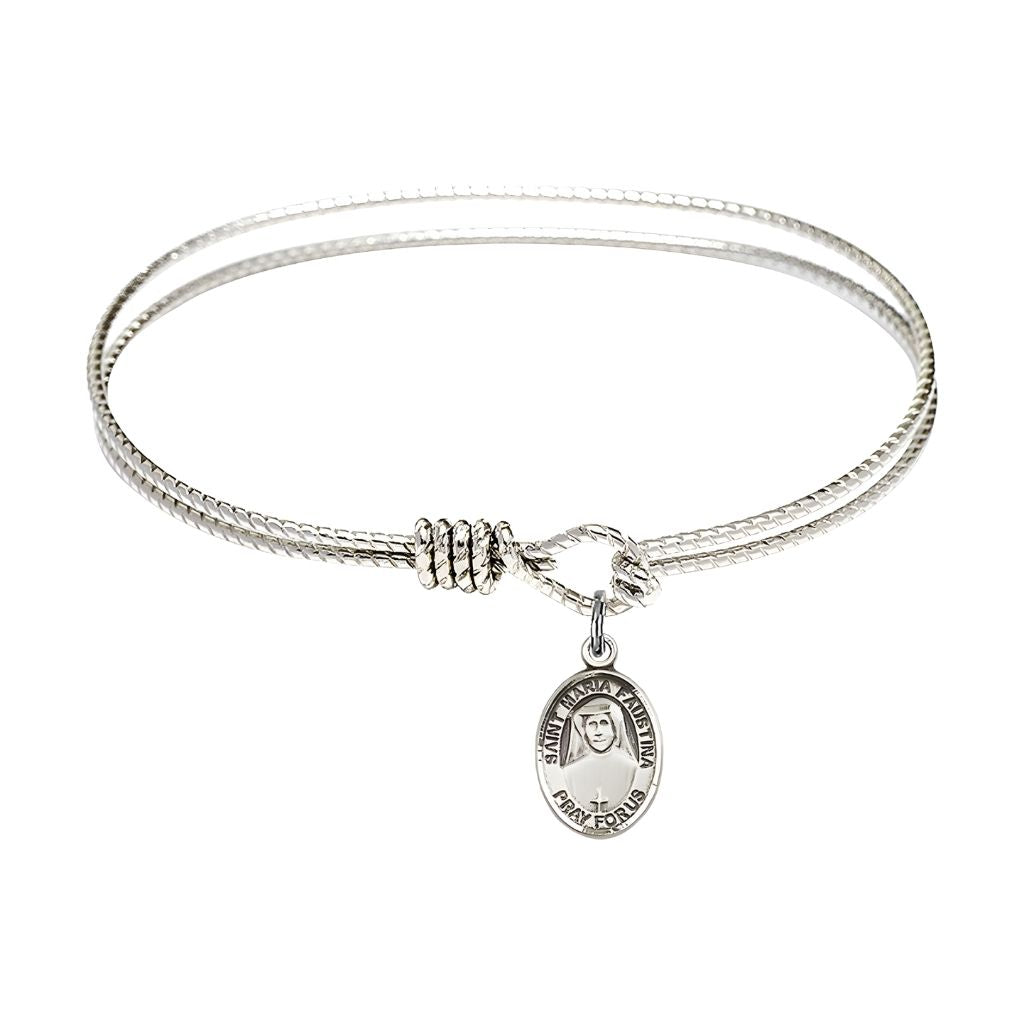 Bliss Sterling Silver St. Maria Faustina Charm with a Rhodium-plated Twist Design Bangle Bracelet