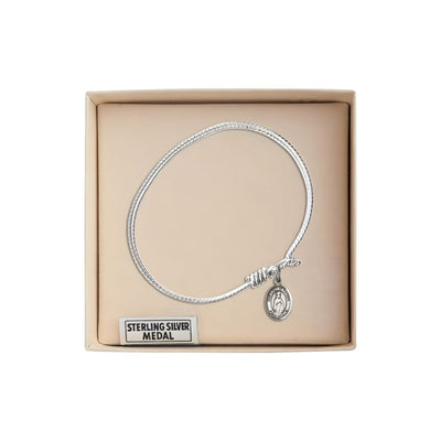 Our Lady of Fatima Sterling Silver Charm with a Twist Design Rhodium Plated Bangle Bracelet, Charm Size: 1/2 x 1/4 in Gift Box, Bliss Manufacturing
