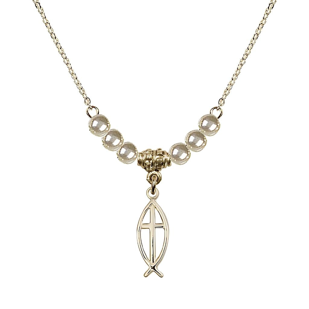 Bliss Fish Cross Gold-filled 4mm Faux Pearl Necklace with Chain, Medal Measures 3/4 inch tall by 1/4 inch wide