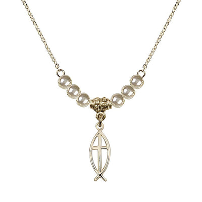 Fish Cross Gold-filled 4mm Faux Pearl Necklace with Chain, Medal Measures 3/4 inch tall by 1/4 inch wide, Bliss Manufacturing
