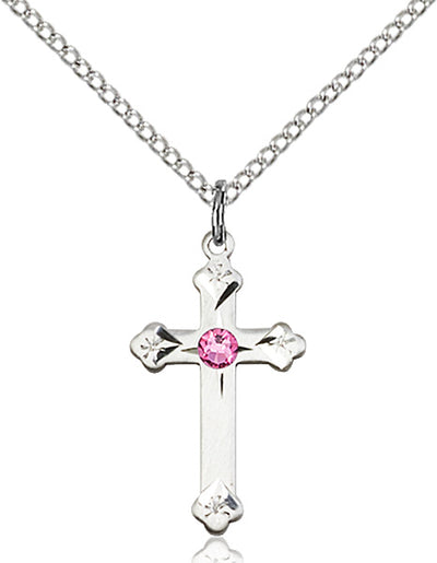 Birthstone Fancy Tip Sterling Silver Cross Pendant with Austrian Crystals, Zircon December Birthstone in Rose, Bliss Manufacturing