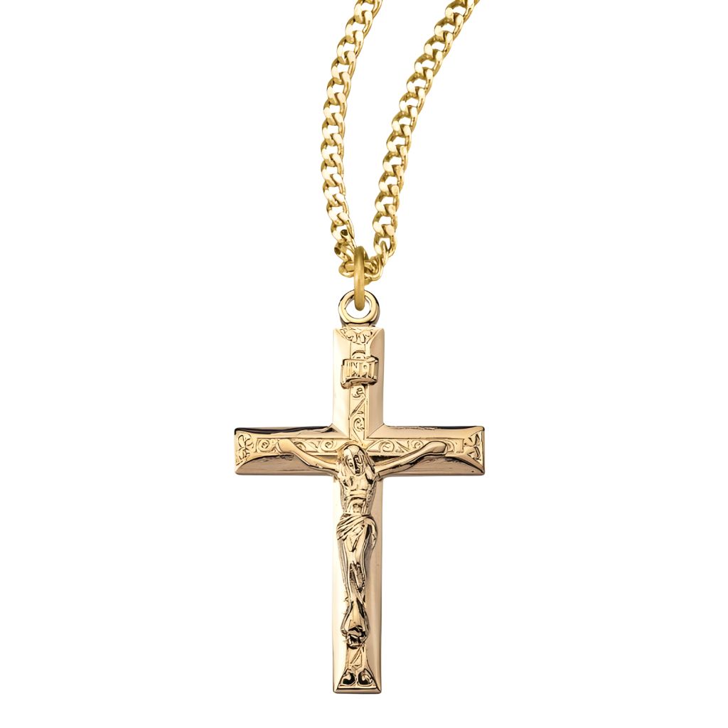 Raised Design Gold|Sterling Silver Medal Necklace. Made in USA HMH Religious, 20-inch gold-plated chain and deluxe gift box.
