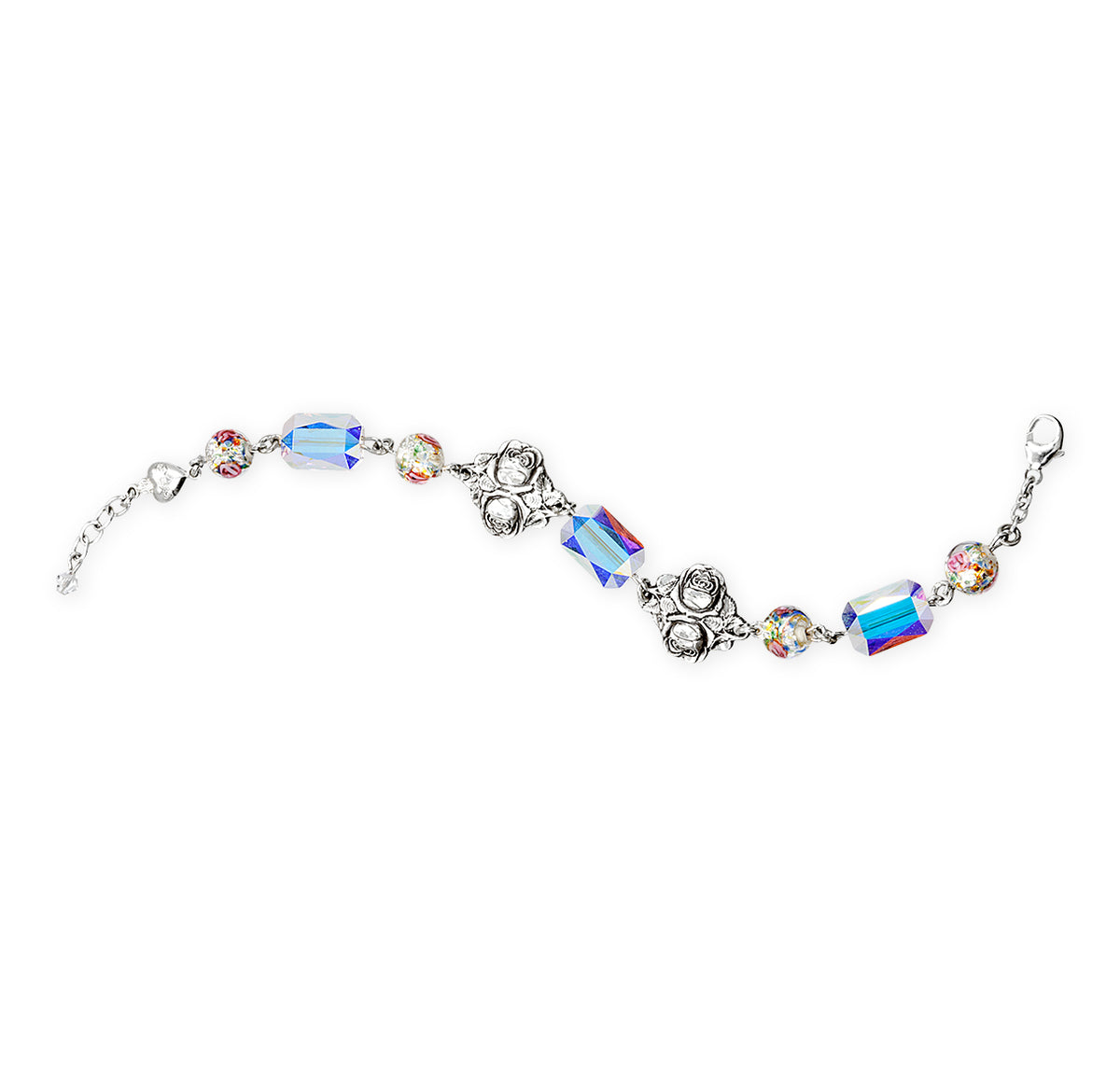 HMH Religious St Therese Rose Embedded Glass & Crystal Sterling Silver Bracelet