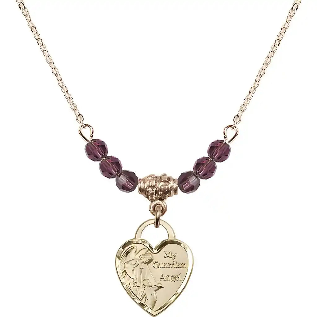 Bliss Heart Shaped Guardian Angel 14kt Gold-filled medal, Birthstone 4mm Austrian Crystal Amethyst Beads for February
