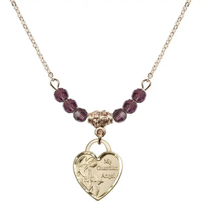 Bliss Heart Shaped Guardian Angel 14kt Gold-filled medal, Birthstone 4mm Austrian Crystal Amethyst Beads for February