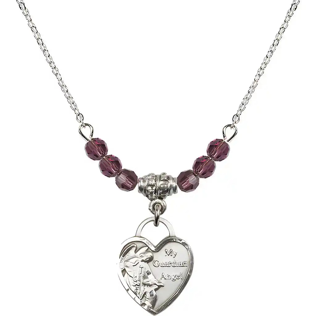 Bliss Small Heart Shaped Guardian Angel Sterling Silver medal, Birthstone 4mm Austrian Crystal Amethyst Beads for February