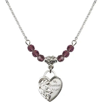Bliss Small Heart Shaped Guardian Angel Sterling Silver medal, Birthstone 4mm Austrian Crystal Amethyst Beads for February