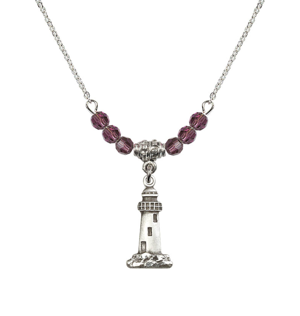 Bliss 18" Rhodium Plated Necklace with 4mm Garnet Crystal Beads featuring a Sterling Silver Lighthouse Medal,