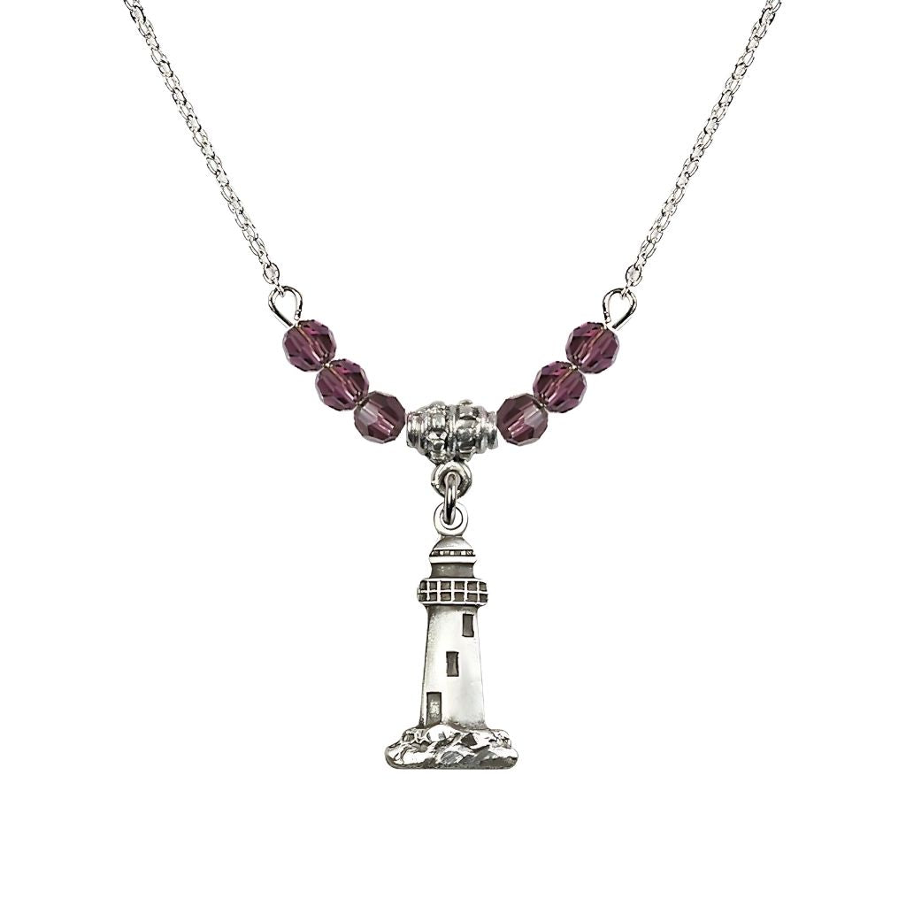 Bliss 18" Rhodium Plated Necklace with 4mm Garnet Crystal Beads featuring a Sterling Silver Lighthouse Medal, Medal Measures 3/4-inch tall by 3/8-inch wide