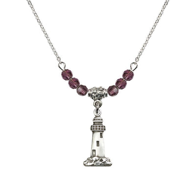 18" Rhodium Plated Necklace with 4mm Garnet Crystal Beads featuring a Sterling Silver Lighthouse Medal, Medal Measures 3/4-inch tall by 3/8-inch wide in Amethyst, Bliss Manufacturing