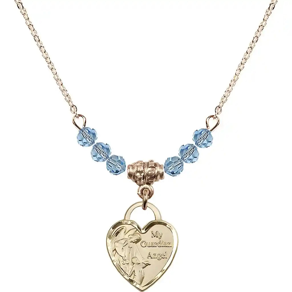 Bliss Heart Shaped Guardian Angel 14kt Gold-filled medal, Birthstone 4mm Austrian Crystal Aqua Beads for March