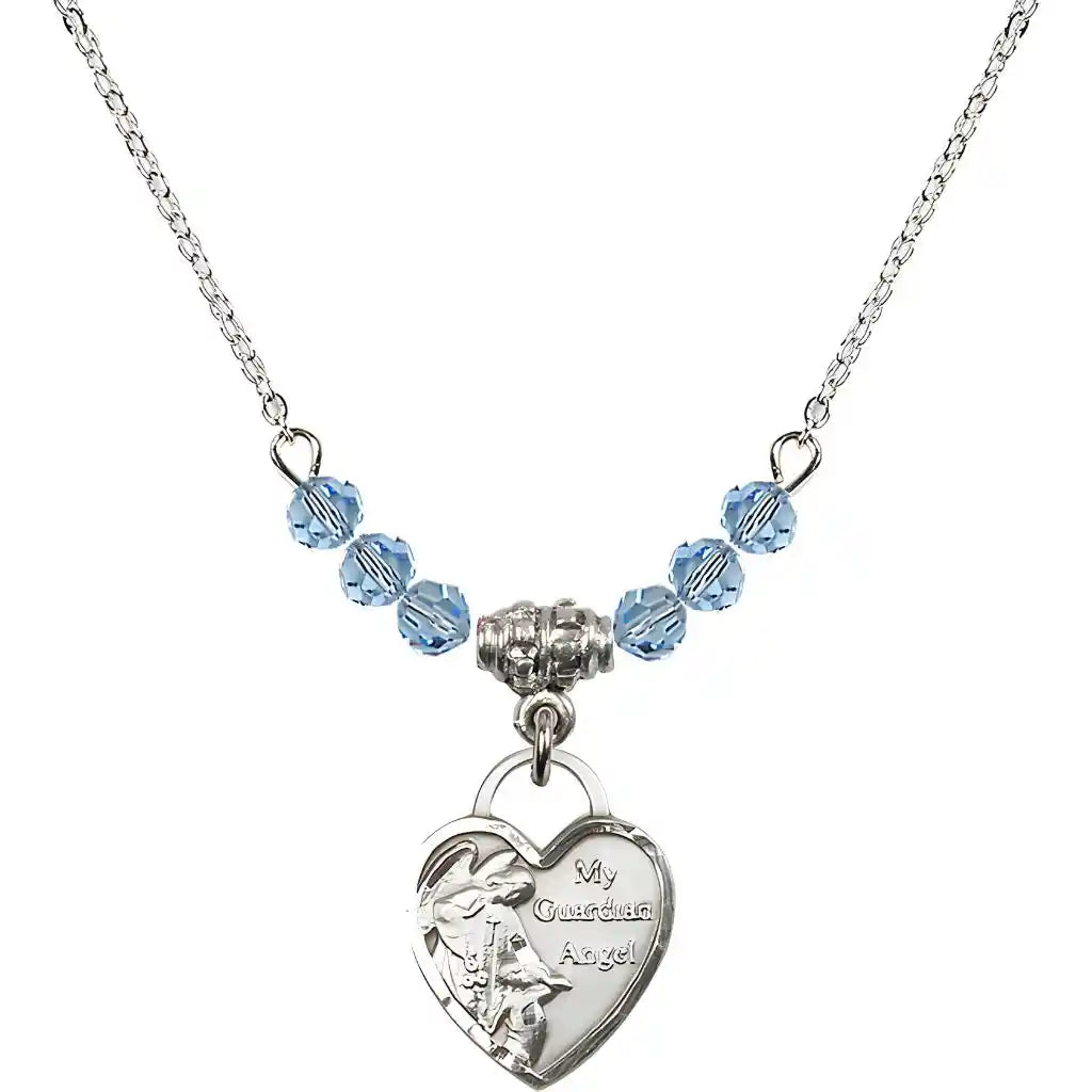 Bliss Small Heart Shaped Guardian Angel Sterling Silver medal, Birthstone 4mm Austrian Crystal Aqua Beads for March