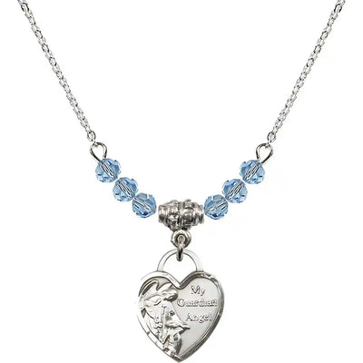 Bliss Small Heart Shaped Guardian Angel Sterling Silver medal, Birthstone 4mm Austrian Crystal Aqua Beads for March