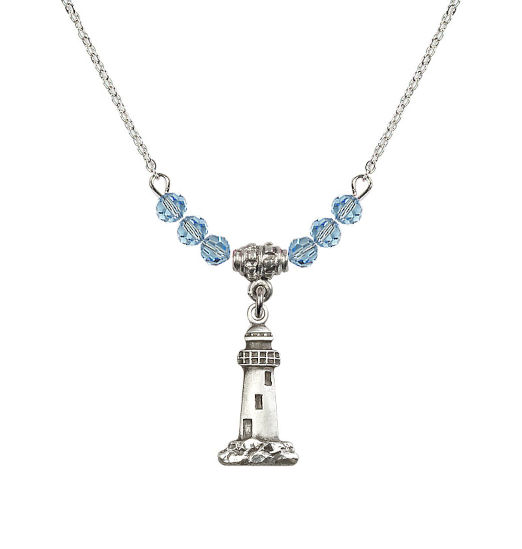 Bliss 18" Rhodium Plated Necklace with 4mm Aqua Crystal Beads featuring a Sterling Silver Lighthouse Medal,