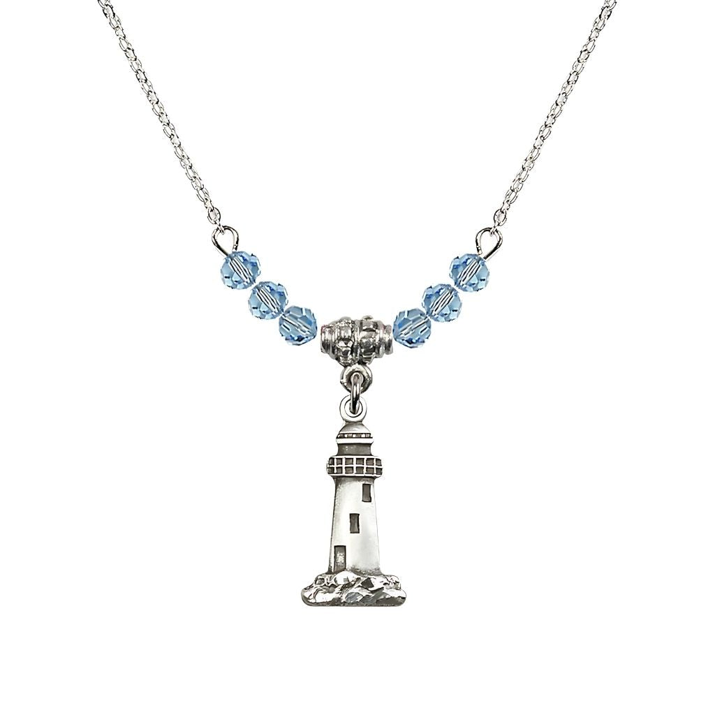 Bliss 18" Rhodium Plated Necklace with 4mm Aqua Crystal Beads featuring a SterlinMedal Measures 3/4-inch tall by 3/8-inch wideg Silver Lighthouse Medal, 