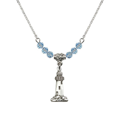 18" Rhodium Plated Necklace with 4mm Aqua Crystal Beads featuring a SterlinMedal Measures 3/4-inch tall by 3/8-inch wideg Silver Lighthouse Medal, Bliss Manufacturing