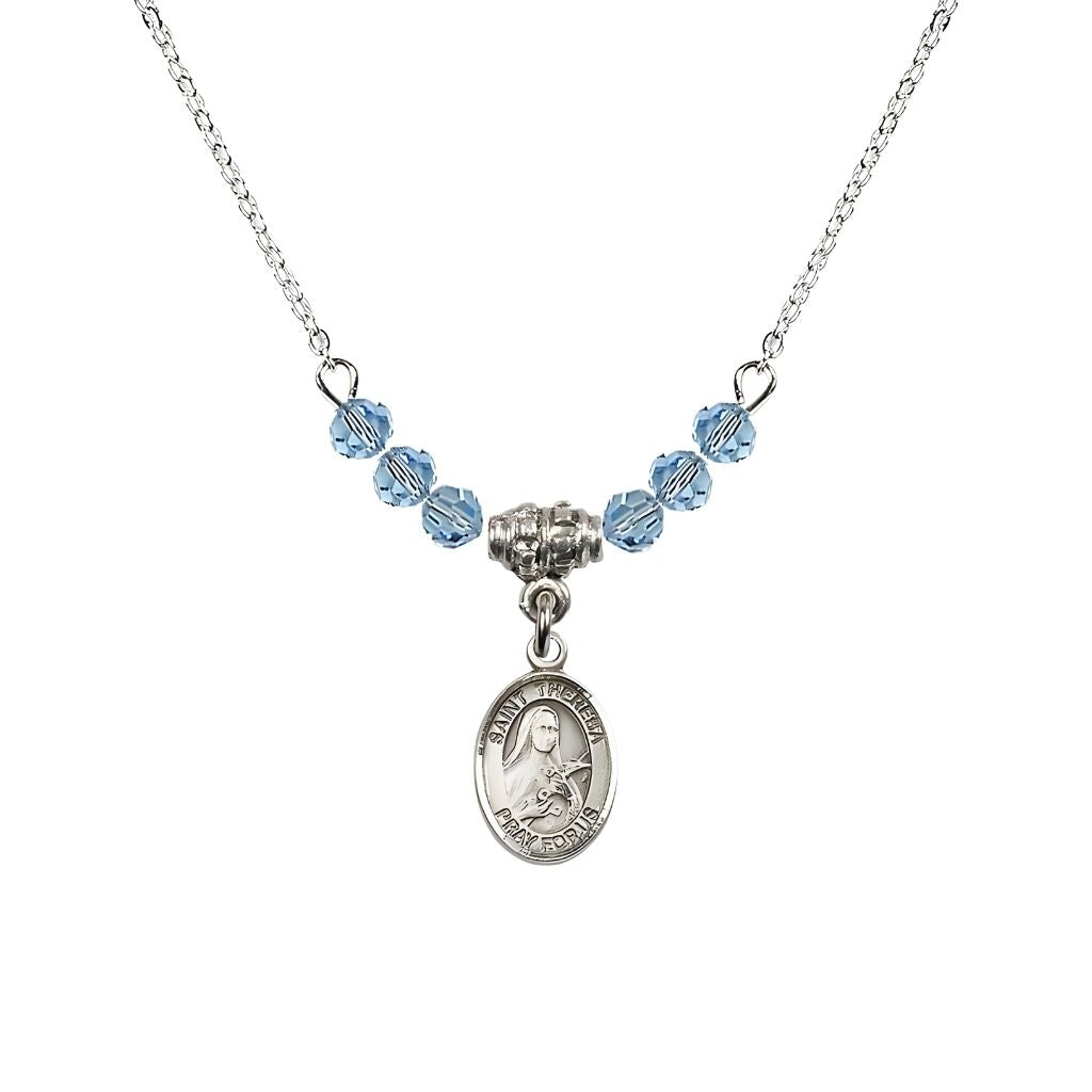Bliss St. Theresa 4mm Aqua Austrian Crystal Birthstone Necklace with Sterling Silver Charm,