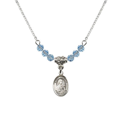 St. Theresa 4mm Aqua Austrian Crystal Birthstone Necklace with Sterling Silver Charm, Bliss Manufacturing