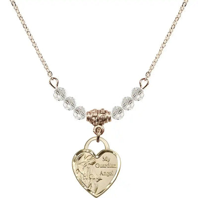 Bliss Heart Shaped Guardian Angel 14kt Gold-filled medal, Birthstone 4mm Austrian Crystal Clear Crystal Beads for April