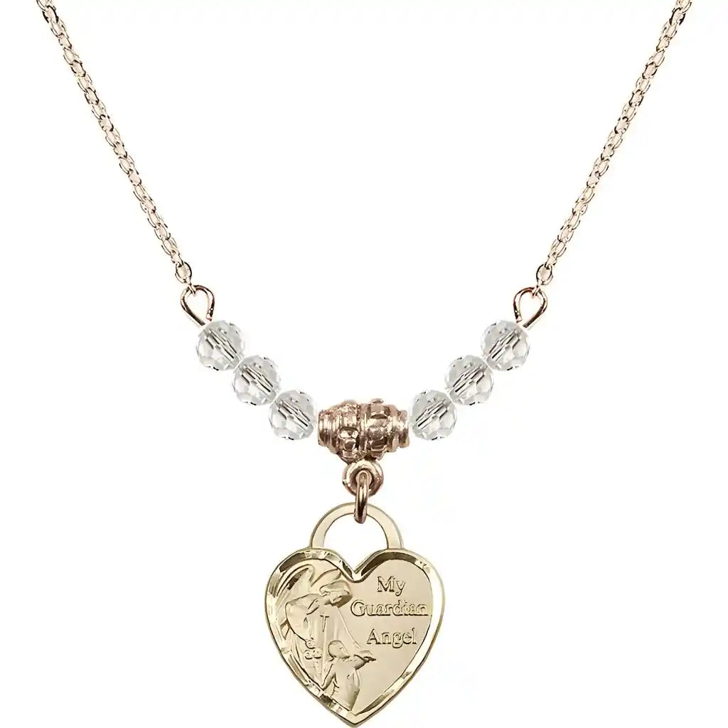 Bliss Heart Shaped Guardian Angel 14kt Gold-filled medal, Birthstone 4mm Austrian Crystal Clear Crystal Beads for April