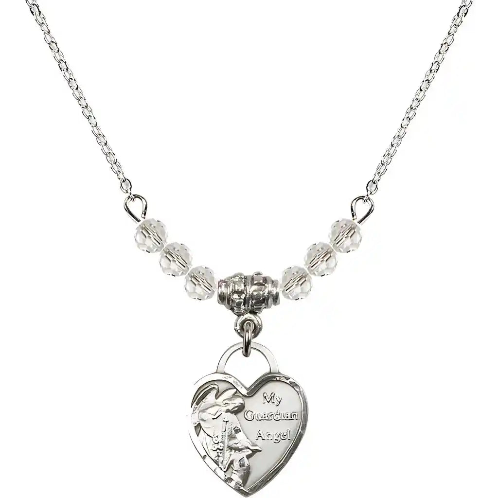 Bliss Small Heart Shaped Guardian Angel Sterling Silver medal, Birthstone 4mm Austrian Crystal Clear Crystal Beads for April
