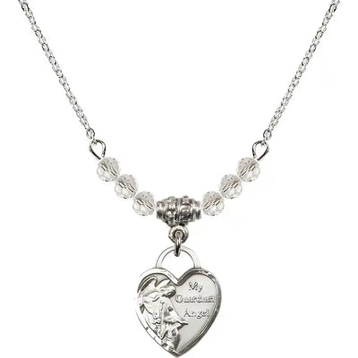 Bliss Small Heart Shaped Guardian Angel Sterling Silver medal, Birthstone 4mm Austrian Crystal Clear Crystal Beads for April