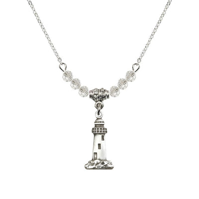 4mm Crystal Beads featuring a Sterling Silver Lighthouse Medal, Medal Measures 3/4-inch tall by 3/8-inch wide, Bliss Manufacturing