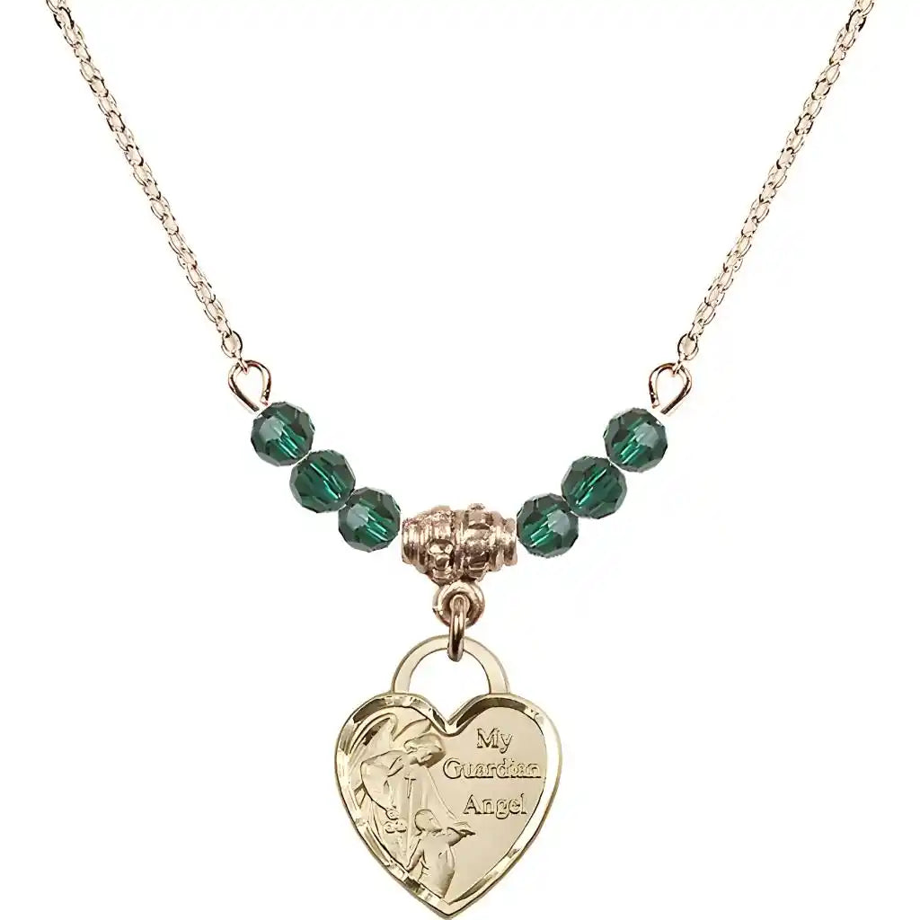 Bliss Heart Shaped Guardian Angel 14kt Gold-filled medal, Birthstone 4mm Austrian Crystal Emerald Beads for May