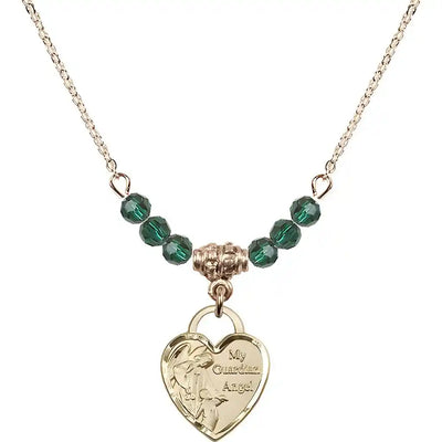 Bliss Heart Shaped Guardian Angel 14kt Gold-filled medal, Birthstone 4mm Austrian Crystal Emerald Beads for May