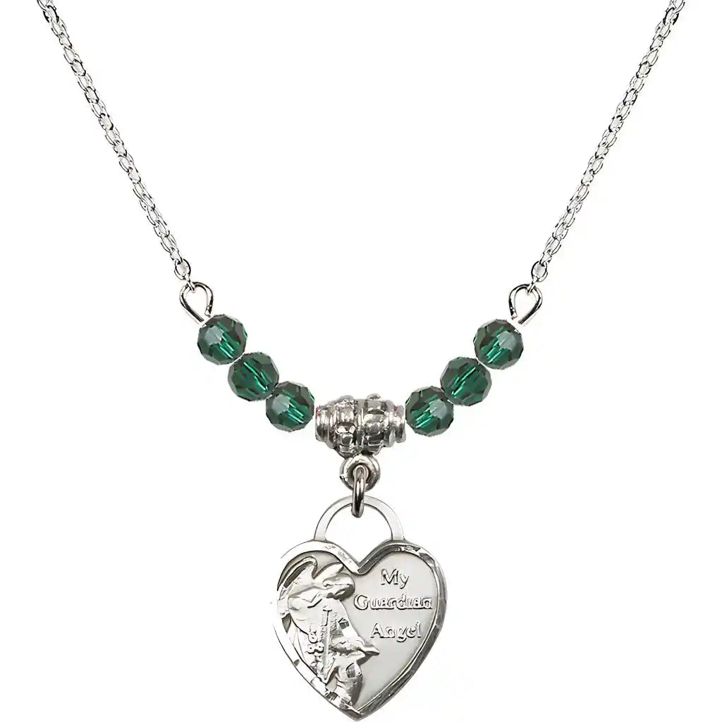 Bliss Small Heart Shaped Guardian Angel Sterling Silver medal, Birthstone 4mm Austrian Crystal Emerald Beads for May
