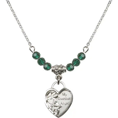 Bliss Small Heart Shaped Guardian Angel Sterling Silver medal, Birthstone 4mm Austrian Crystal Emerald Beads for May