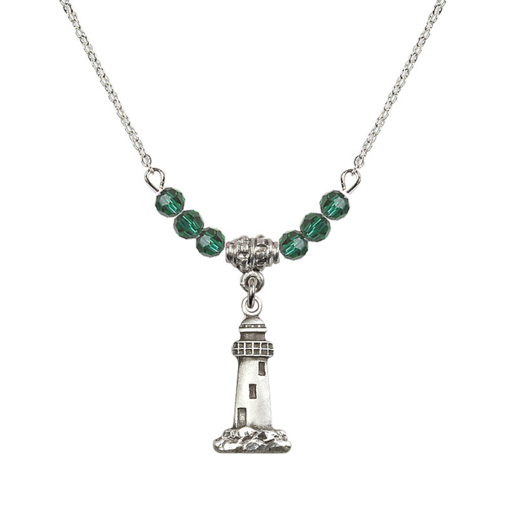 Bliss 4mm Emerald Crystal Beads featuring a Sterling Silver Lighthouse Medal,