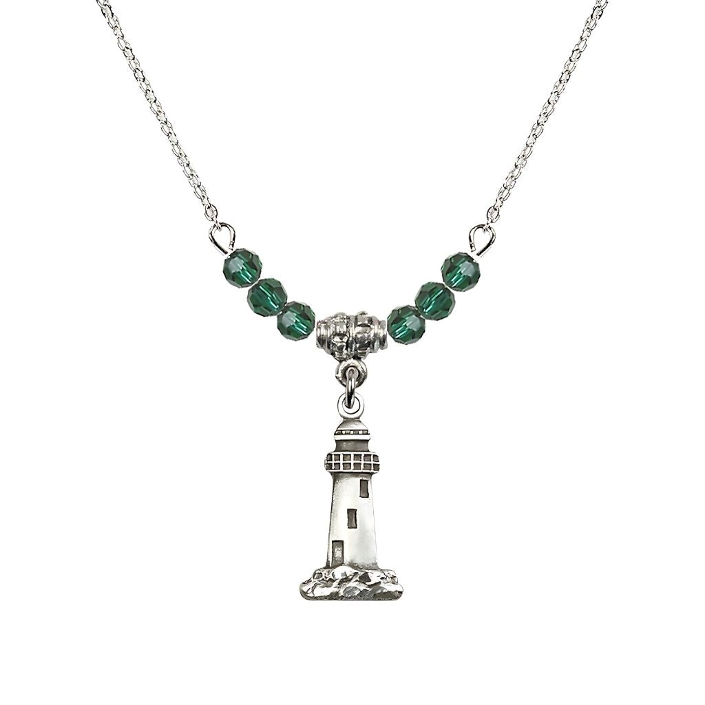 Bliss 4mm Emerald Crystal Beads featuring a Sterling Silver Lighthouse Medal, Medal Measures 3/4-inch tall by 3/8-inch wide