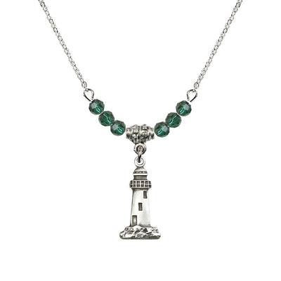 4mm Emerald Crystal Beads featuring a Sterling Silver Lighthouse Medal, Medal Measures 3/4-inch tall by 3/8-inch wide, Bliss Manufacturing