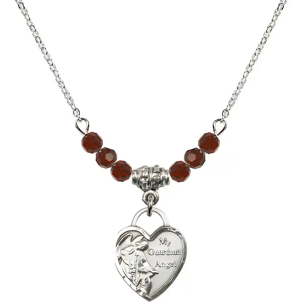 Bliss Small Heart Shaped Guardian Angel Sterling Silver medal, Birthstone 4mm Austrian Crystal Garnet Beads for January