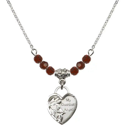 Bliss Small Heart Shaped Guardian Angel Sterling Silver medal, Birthstone 4mm Austrian Crystal Garnet Beads for January