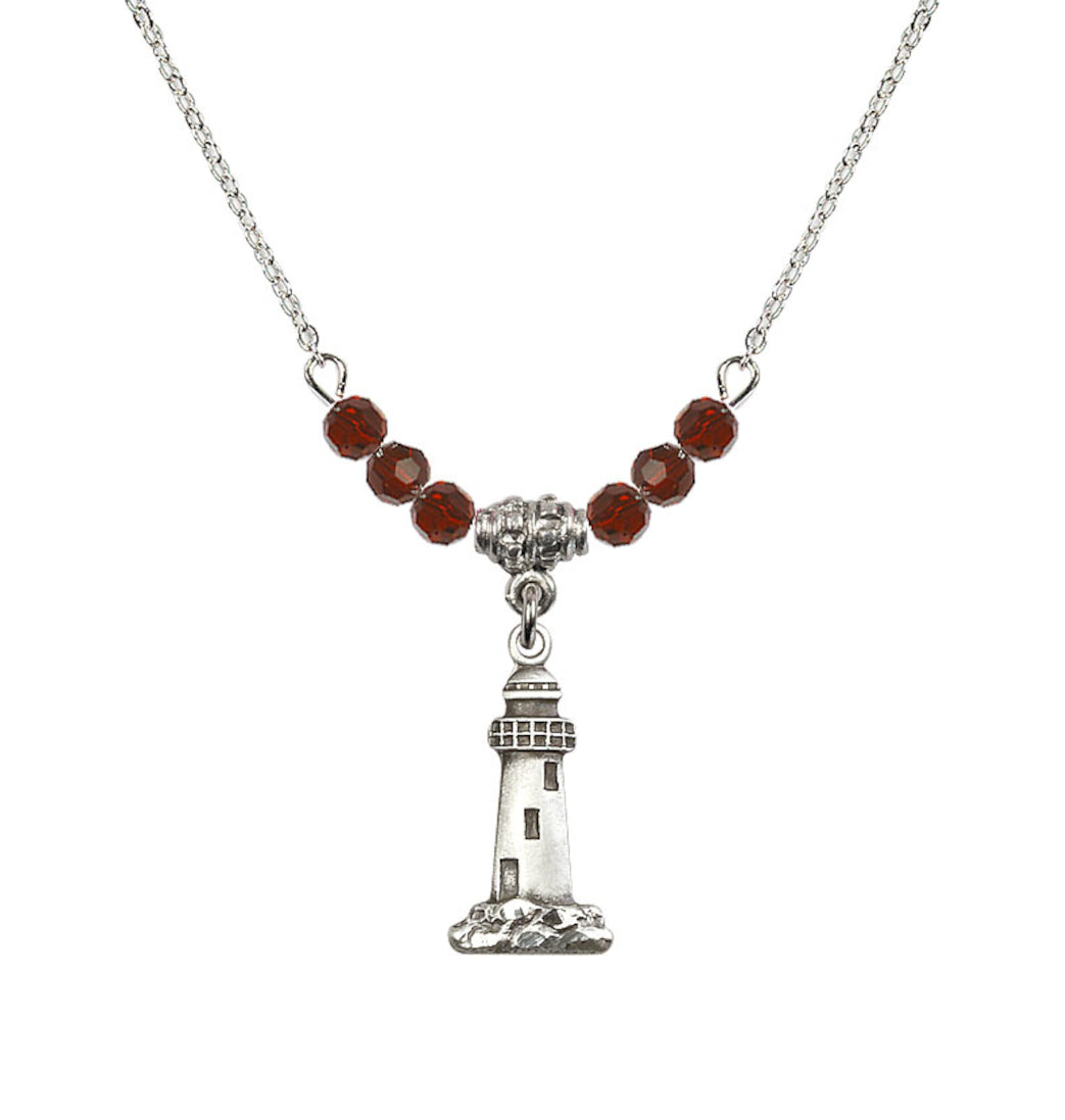 Bliss 4mm Garnet Crystal Beads featuring a Sterling Silver Lighthouse Medal,