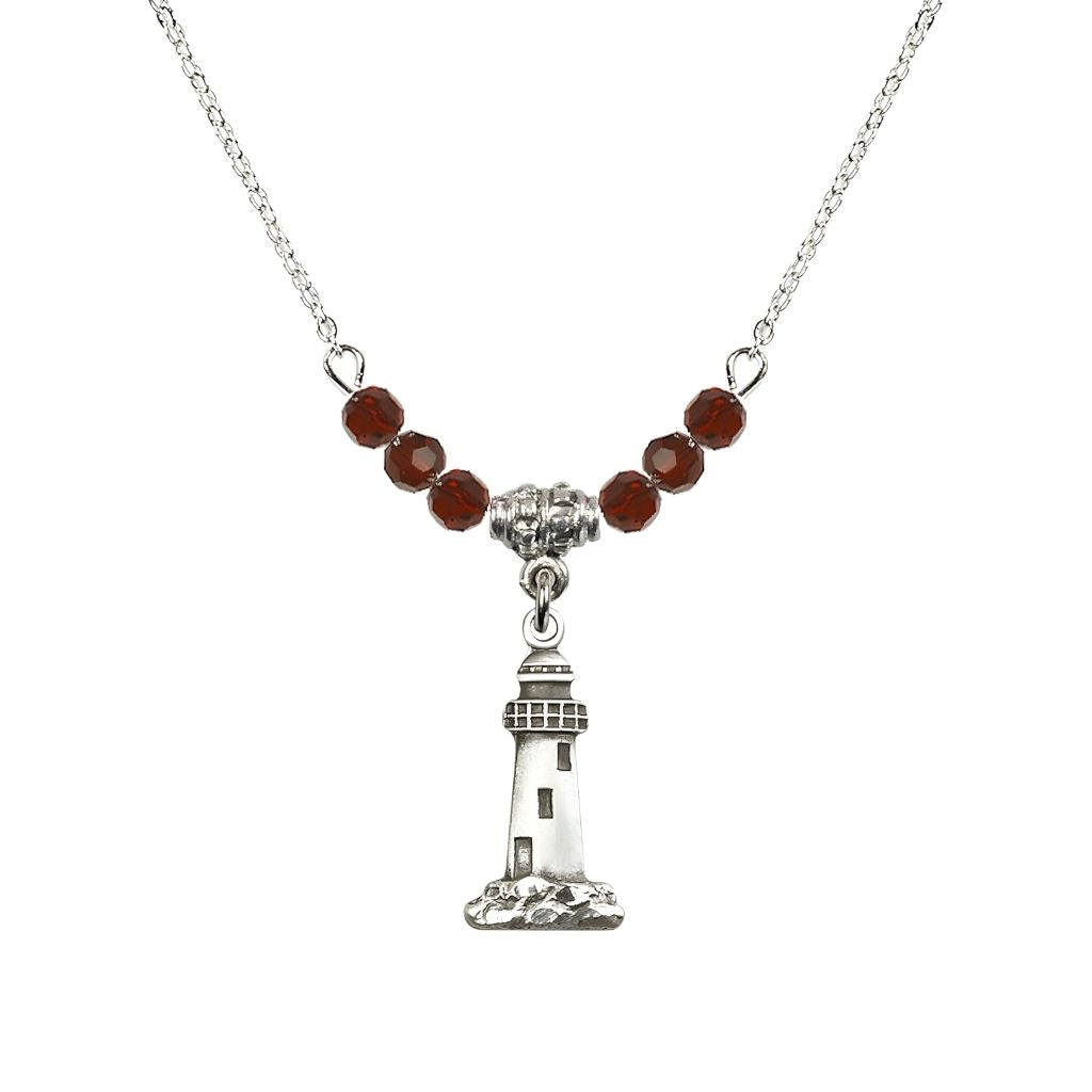 Bliss 4mm Garnet Crystal Beads featuring a Sterling Silver Lighthouse Medal, Medal Measures 3/4-inch tall by 3/8-inch wide