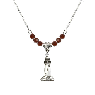 4mm Garnet Crystal Beads featuring a Sterling Silver Lighthouse Medal, Medal Measures 3/4-inch tall by 3/8-inch wide, Bliss Manufacturing