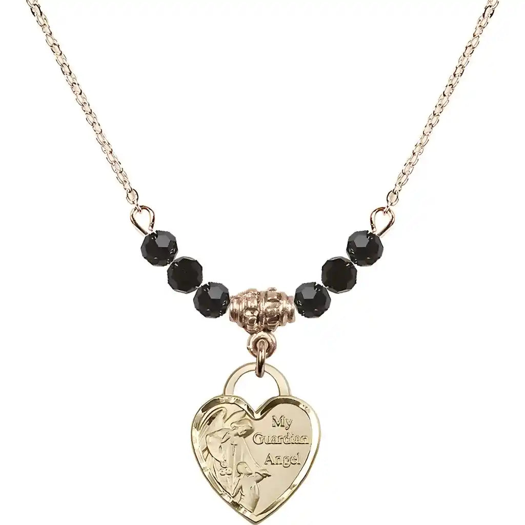 Bliss Heart Shaped Guardian Angel 14kt Gold-filled medal, Birthstone 4mm Austrian Crystal Jet Beads