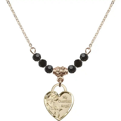 Bliss Heart Shaped Guardian Angel 14kt Gold-filled medal, Birthstone 4mm Austrian Crystal Jet Beads