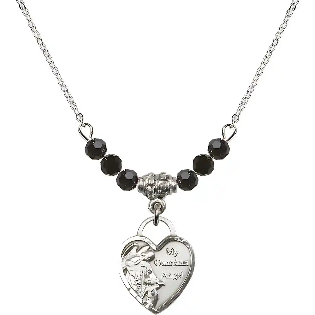 Bliss Small Heart Shaped Guardian Angel Sterling Silver medal, Birthstone 4mm Austrian Crystal Jet Beads