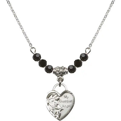 Bliss Small Heart Shaped Guardian Angel Sterling Silver medal, Birthstone 4mm Austrian Crystal Jet Beads