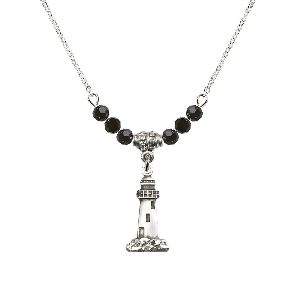 Bliss 4mm Jet Crystal Beads featuring a Sterling Silver Lighthouse Medal, Medal Measures 3/4-inch tall by 3/8-inch wide