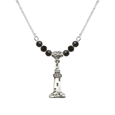 4mm Jet Crystal Beads featuring a Sterling Silver Lighthouse Medal, Medal Measures 3/4-inch tall by 3/8-inch wide, Bliss Manufacturing