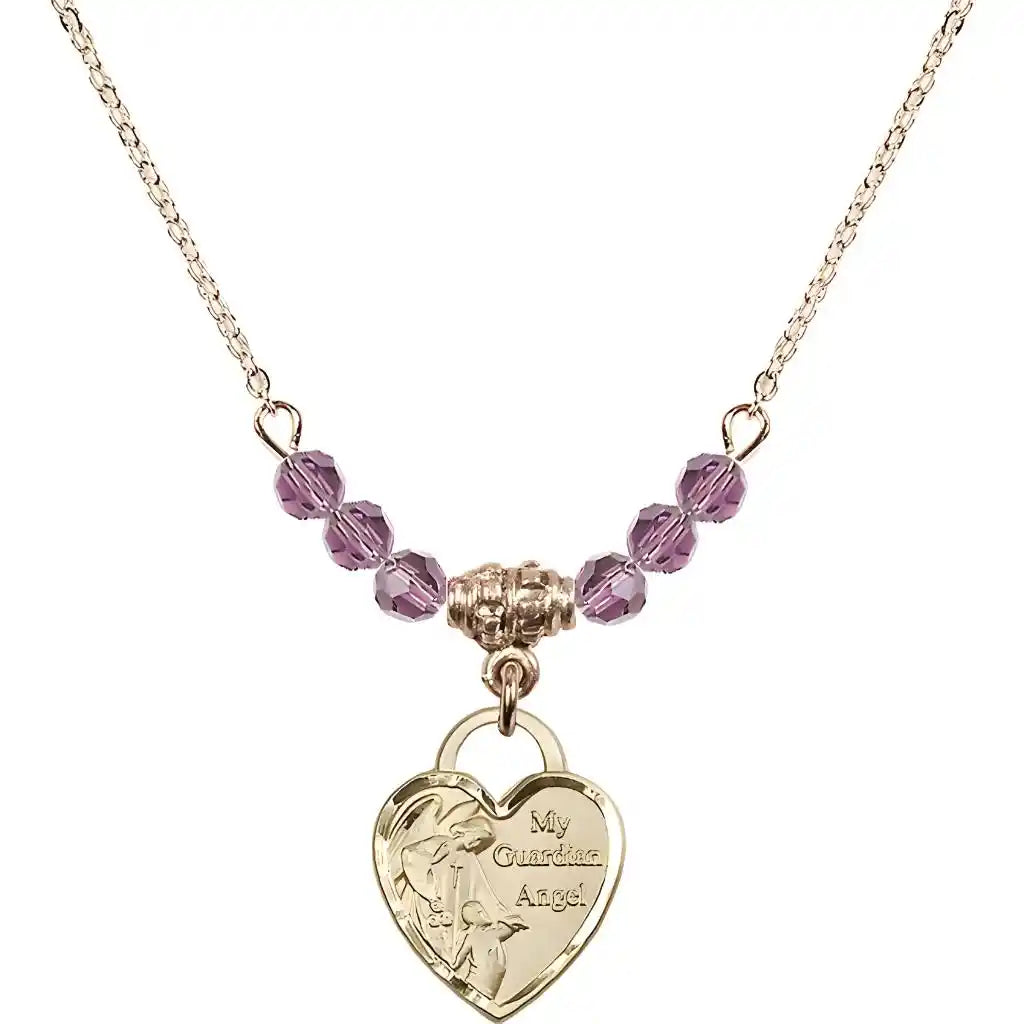 Bliss Heart Shaped Guardian Angel 14kt Gold-filled medal, Birthstone 4mm Austrian Crystal Light Amethyst Beads for June