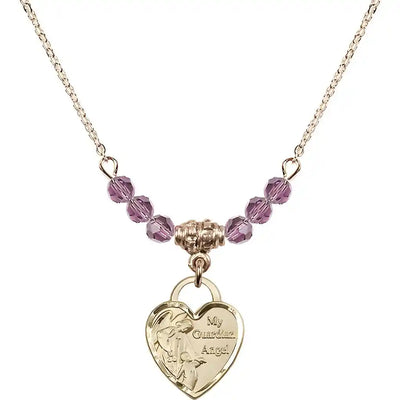 Bliss Heart Shaped Guardian Angel 14kt Gold-filled medal, Birthstone 4mm Austrian Crystal Light Amethyst Beads for June
