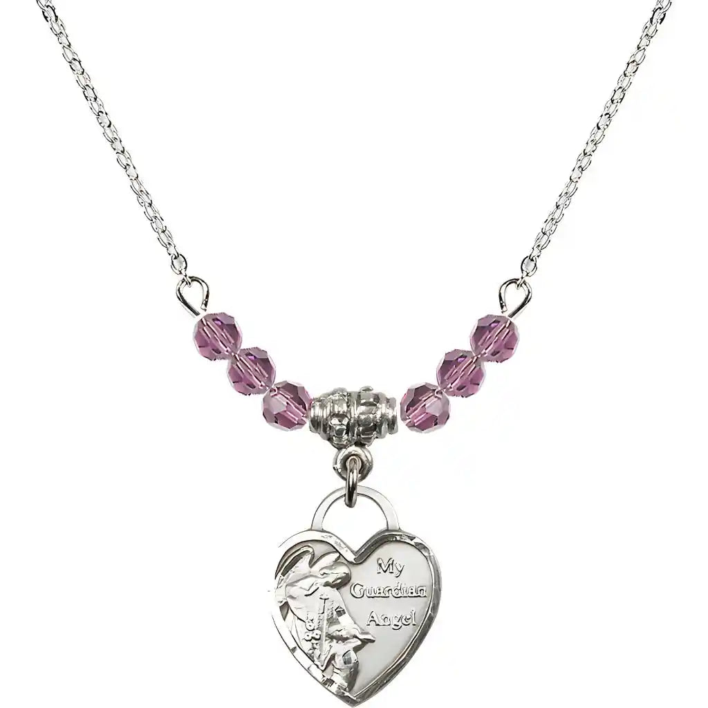 Bliss Small Heart Shaped Guardian Angel Sterling Silver medal, Birthstone 4mm Austrian Crystal Light Amethyst Beads for June