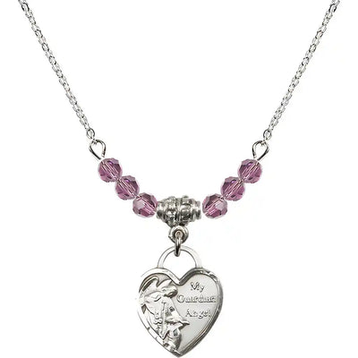 Bliss Small Heart Shaped Guardian Angel Sterling Silver medal, Birthstone 4mm Austrian Crystal Light Amethyst Beads for June