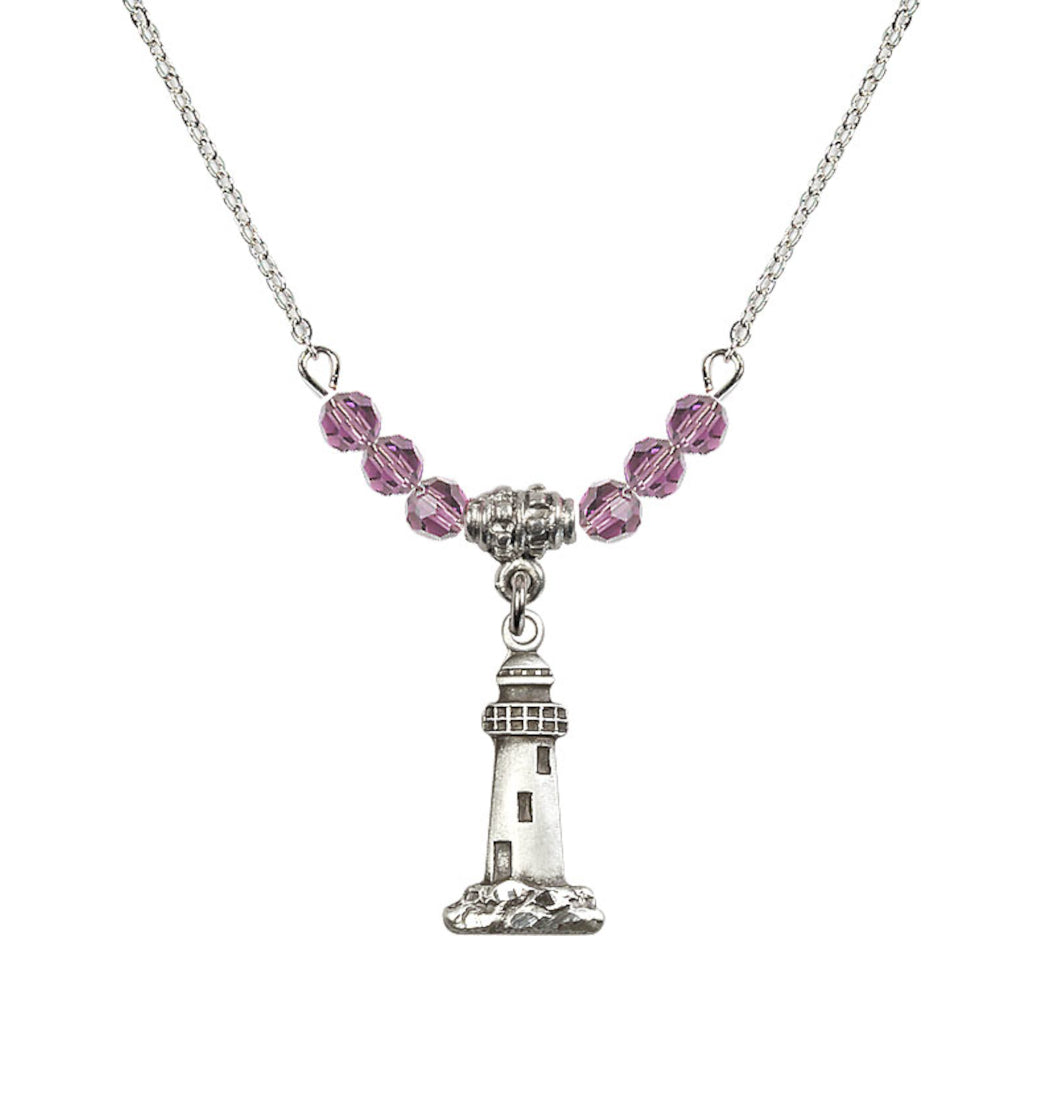 Bliss 4mm Light Amethyst Crystal Beads featuring a Sterling Silver Lighthouse Medal,